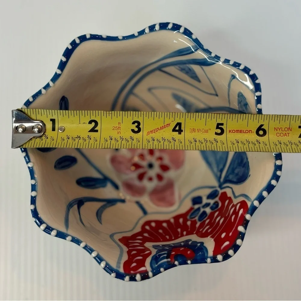 Blue Sky Ceramics Pedestal Scalloped Bowl Heather Goldminc RED BLUE FLOWERS